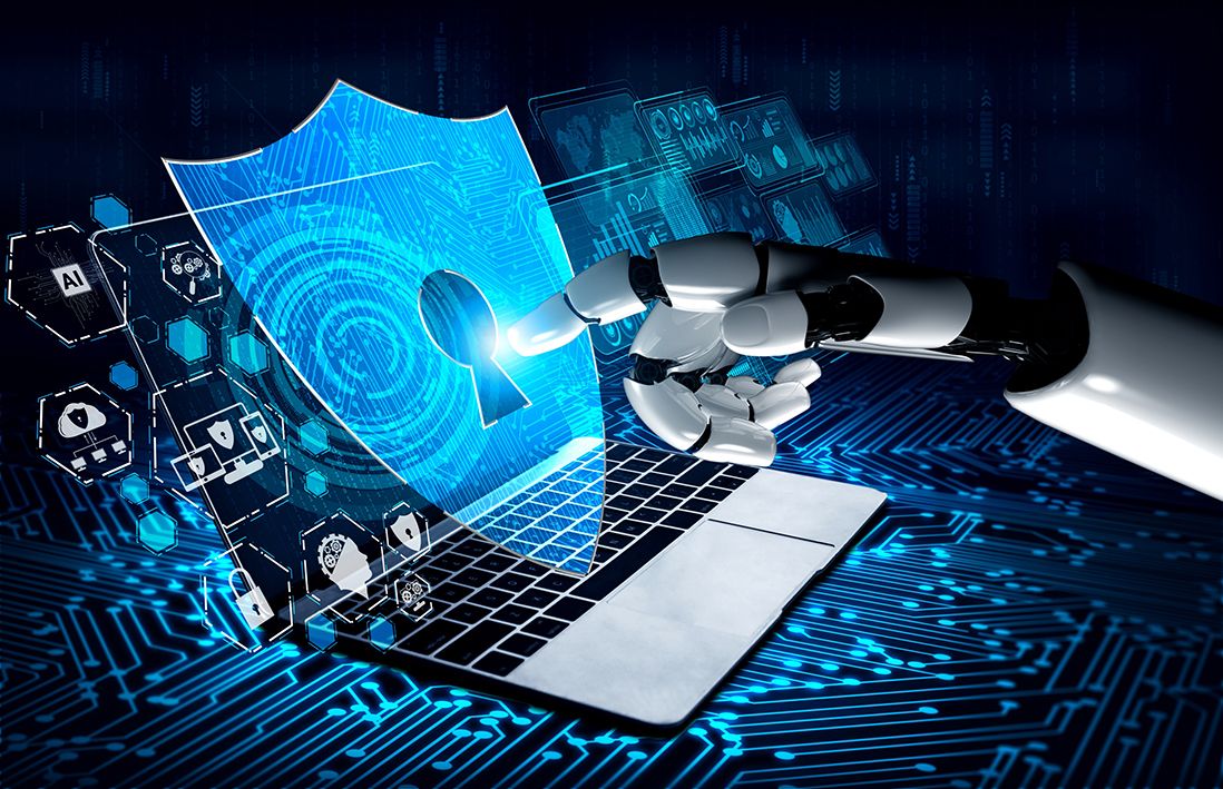 Ciberseguridad, IA, 3D rendering artificial intelligence AI research of robot and cyborg development for future of people living. Digital data mining and machine learning technology design for computer brain
